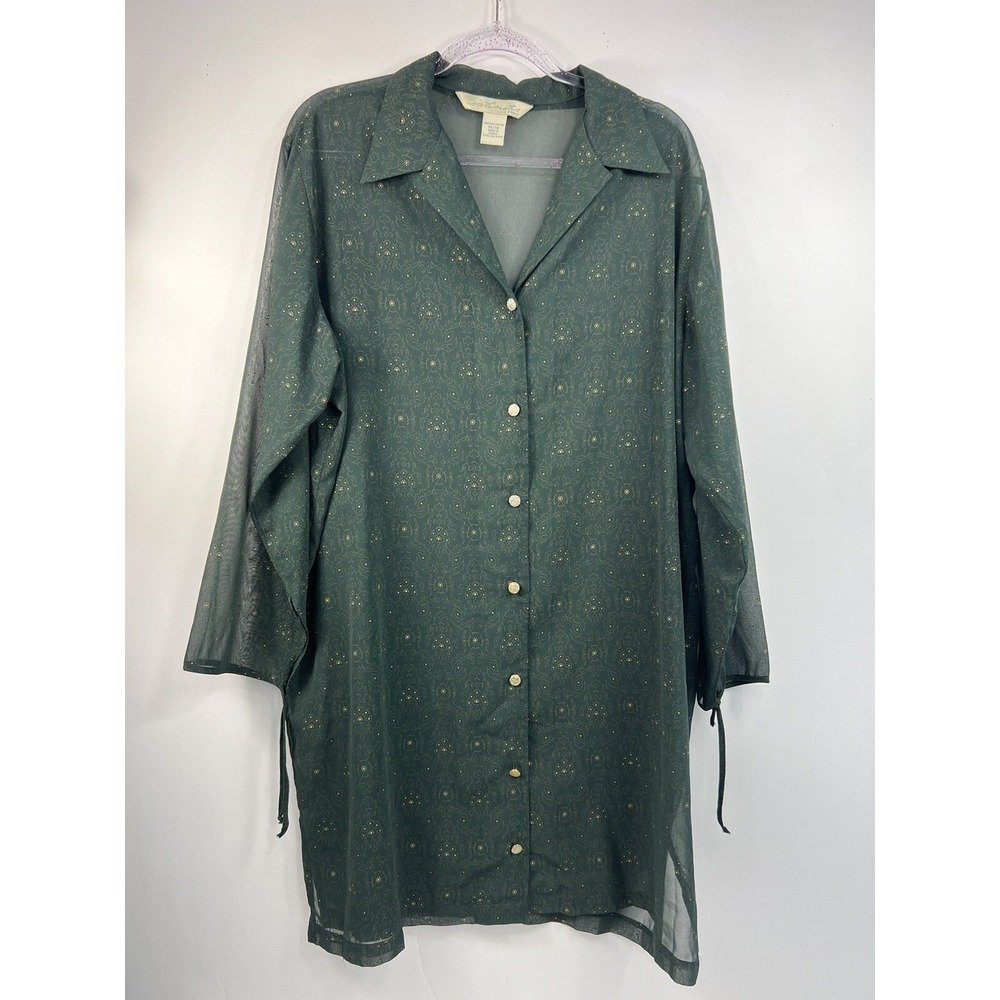 Lane Bryant Intimates Sheer Blouse Womens Sz 14/16 Green Print V-Neck Tie Wrists